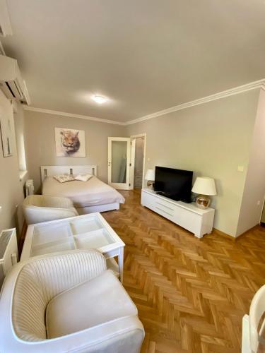 Svetao, topao i savremeno dizajniran enterijer objekta New Cosy Central Studio Grbavica u Novom Sadu sa udobnim krevetom.