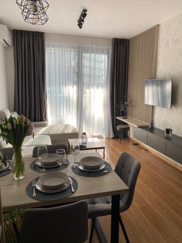 Elegantan enterijer i udoban dnevni boravak u apartmanu Pupin Star u centru Novog Sada.