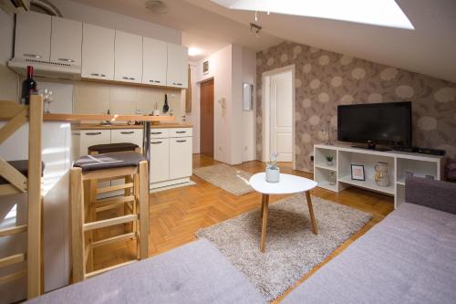 Topao enterijer dnevnog boravka Stella Modern Apartment u Novom Sadu sa elegantnim drvenim podom i TV-om.